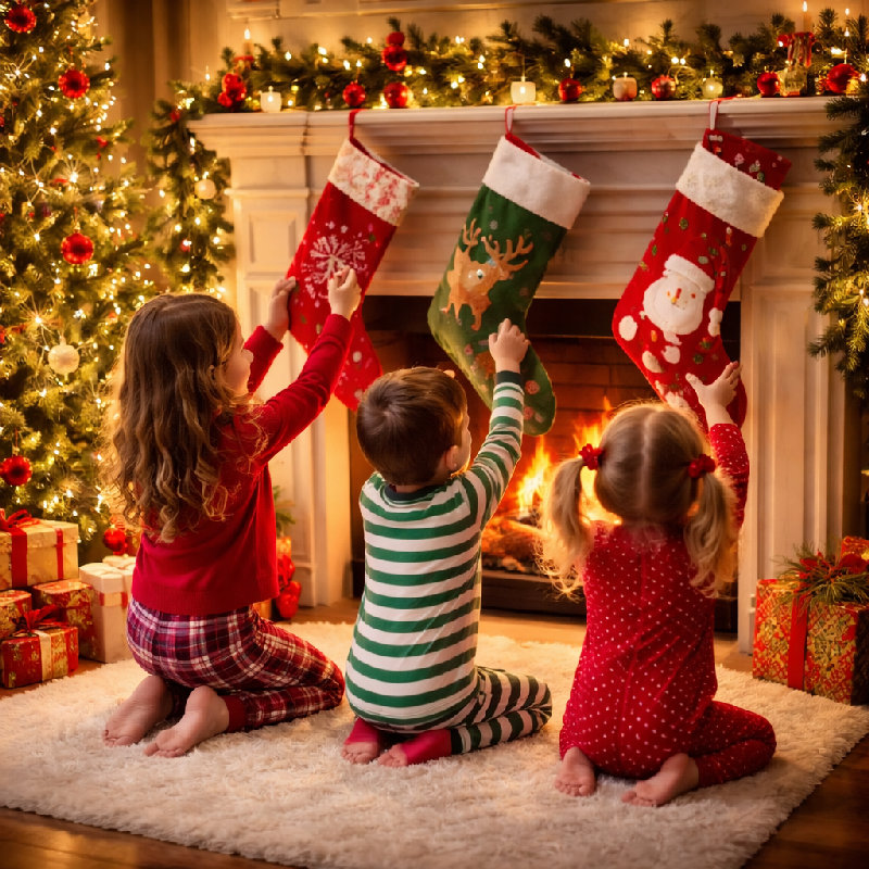 孩子们在圣诞节前夕把袜子挂在壁炉边，等待圣诞老人来送礼物。
