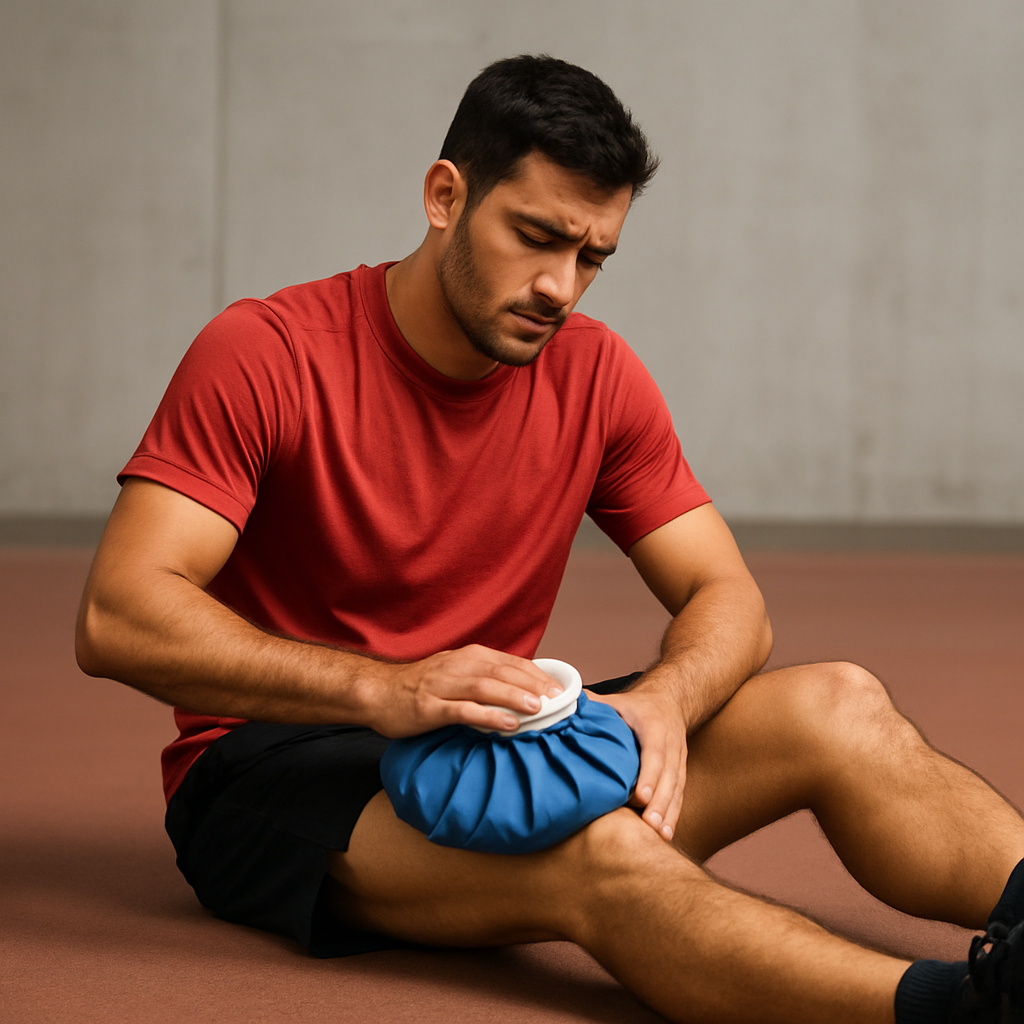 他在大腿上敷了一个冷敷袋来缓解肌肉拉伤。