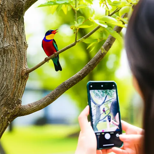 看！那只鸟正在唱歌。我要把它录下来。
