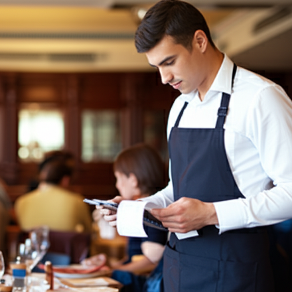 这位服务员正在核对账单。