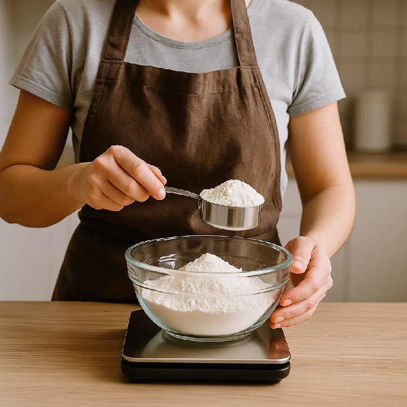 她正在量面粉。