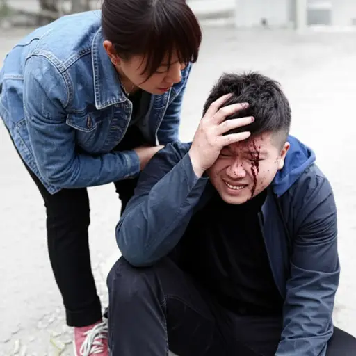 当我找到他时，他头部受伤正在流血。