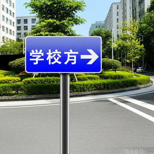 看那个路标，上面写着“学校前方”。