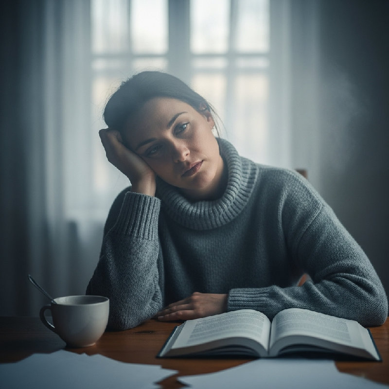 经过漫长的一天，她感到头脑昏沉。