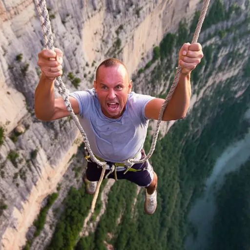 他拼命抓紧绳子，以免掉落。