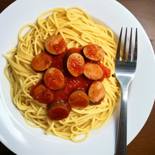 我妈妈做的香肠意大利面很好吃。