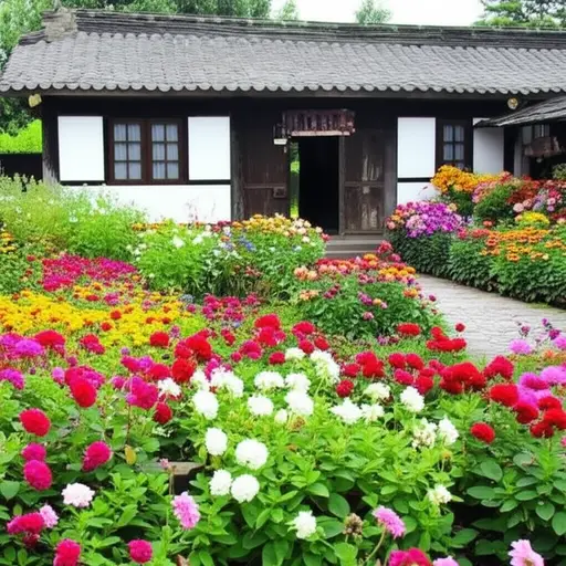 老房子前面有一个美丽的花园。