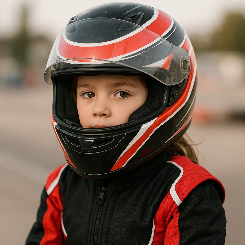女孩戴着头盔, 穿着赛车服。