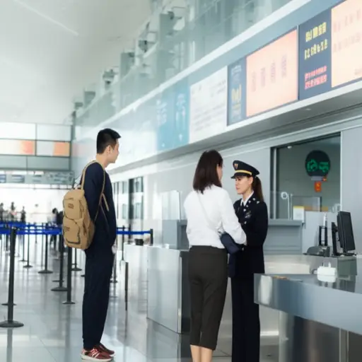 移民检查点的官员仔细检查护照。