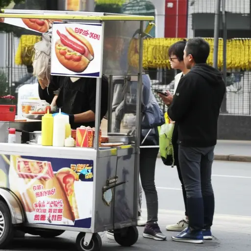 那个街头小贩卖的热狗很好吃。