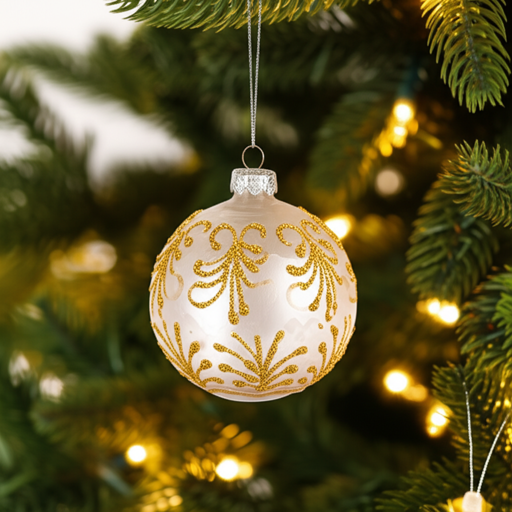 圣诞树上挂着一个精美的装饰球。