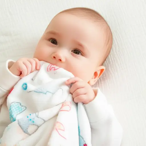 宝宝开心地吮吸着她毯子的一角。