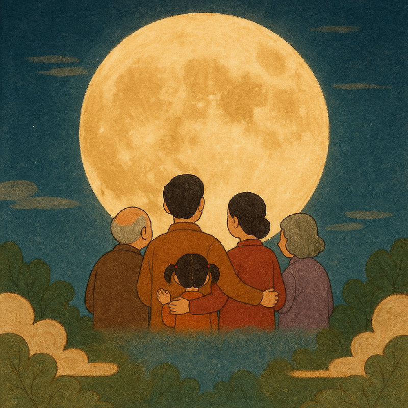 圆圆的月亮象征团圆。