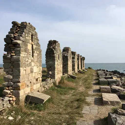 一长串古代遗迹沿着海岸（延伸）开去，无声地诉说着过去的故事。