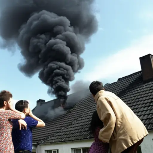 看到烟从屋顶涌出，我们感到震惊。