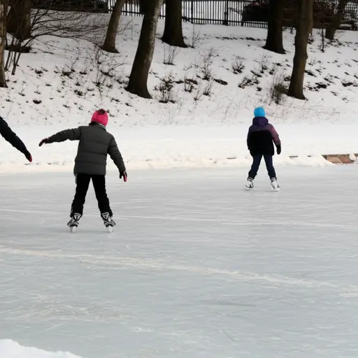 孩子们在结冰的池塘上滑冰。