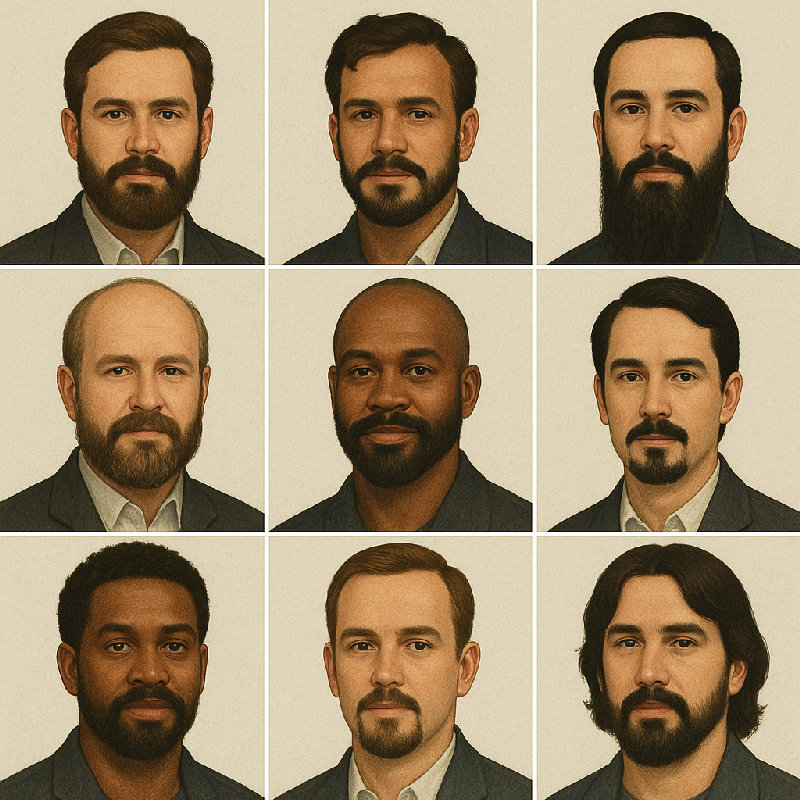 图片中的每位男士都有不同风格的胡子。