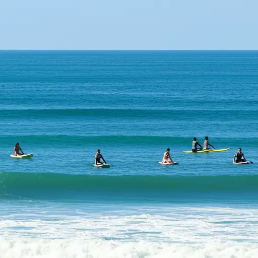 看！那些人在海里冲浪。