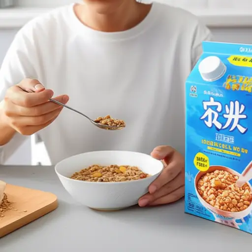 我早餐用勺子吃麦片。