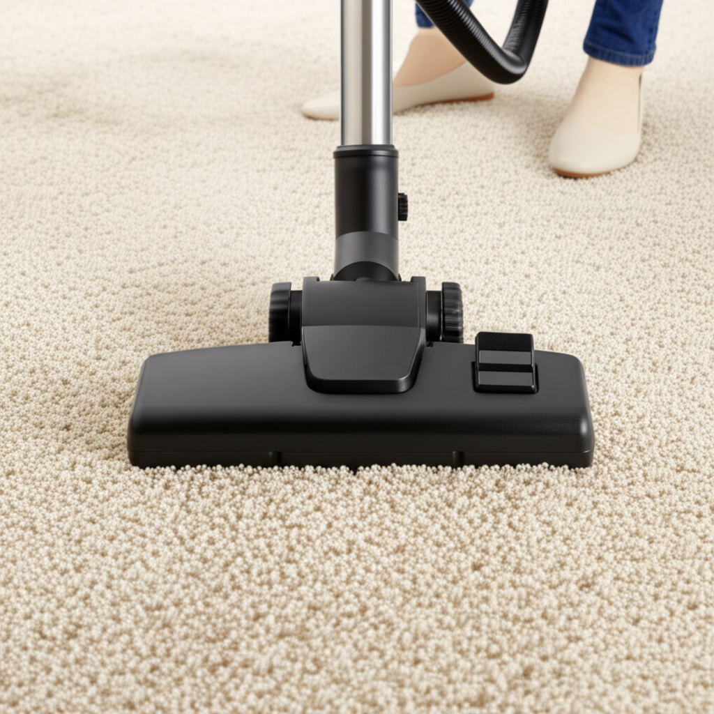 她用吸尘器把地毯上的灰尘清理干净。