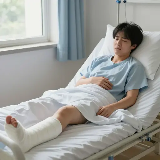 我腿骨折了[并且]肋骨疼痛，在那里待了两周。