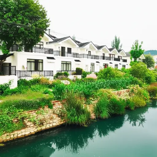 我看到了沿河有花园的白房子。