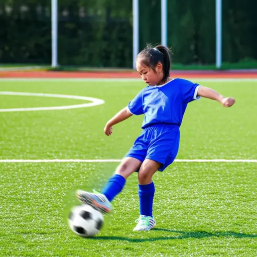 她尽可能地用力踢球。