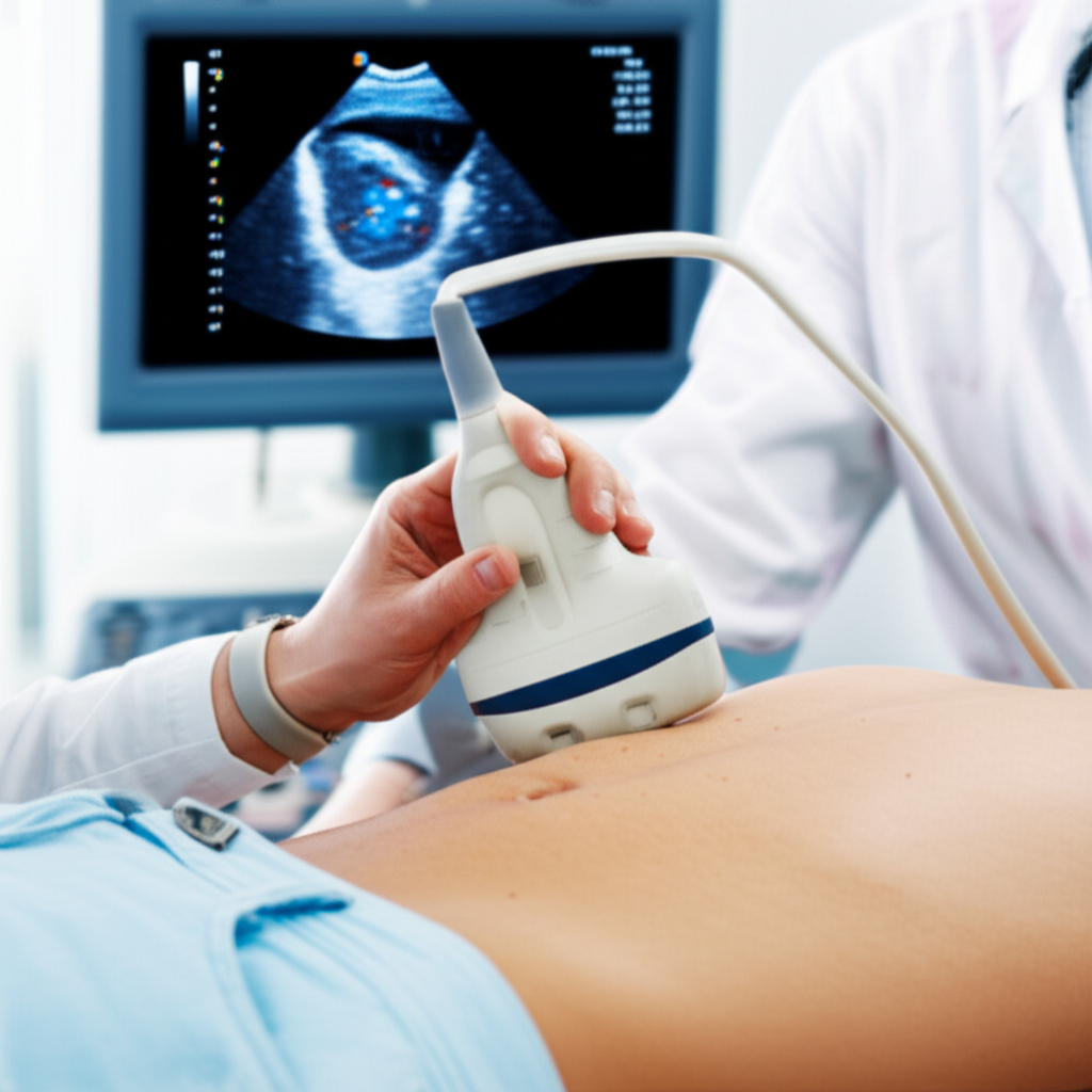 医生通过超声波检查心脏结构。