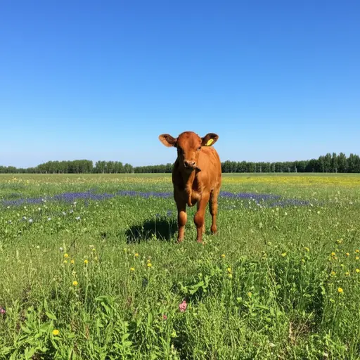 我在田野里看到一头小牛。